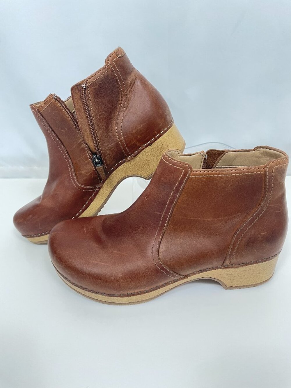 Dansko Cognac Brown Leather Ankle Booties Side Zip Clog Heel Size: 8